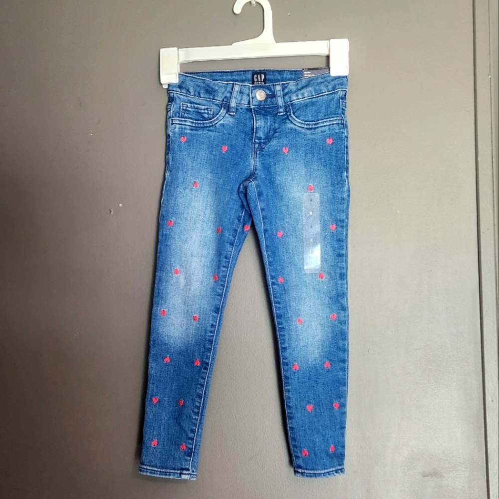 NWT Girls Gap denim high stretch jegging adjustable waist embroidered heart SZ 6